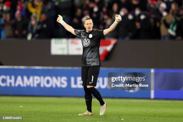 Almuth Schult of VfL Wolfsburg celebrates following their side's victory in the UEFA Women's Champions League Quarter Final Second Leg match between...