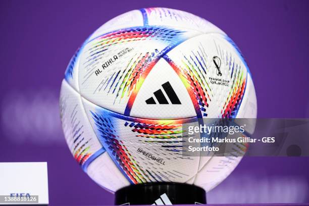 The official World Cup 2022 Qatar match ball from adidas "al-Rihla" during the 72nd FIFA Congress on March 31, 2022 at Doha Exhibition and Convention...