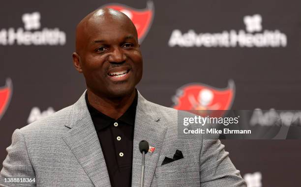 New Tampa Bay Buccaneers head coach Todd Bowles speaks with members of the media during a press conference at AdventHealth Training Center on March...