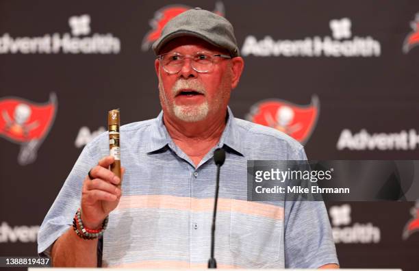 Former head coach of the Tampa Bay Buccaneers Bruce Arians speaks with members of the media during a press conference for new head coach Todd Bowles...