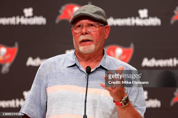 Former head coach of the Tampa Bay Buccaneers Bruce Arians speaks with members of the media during a press conference for new head coach Todd Bowles...