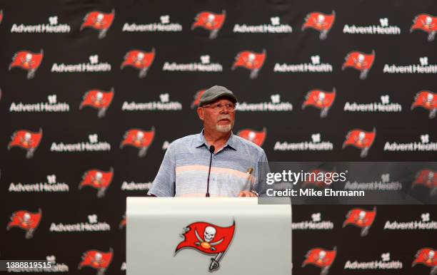 Former head coach of the Tampa Bay Buccaneers Bruce Arians speaks with members of the media during a press conference for new head coach Todd Bowles...