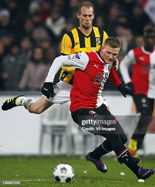 Frank van der Struik ,John Guidetti during the Dutch Eredivisie match between Feyenoord and Vitesse Arnhem at the De Kuip on February 12, 2012 in...