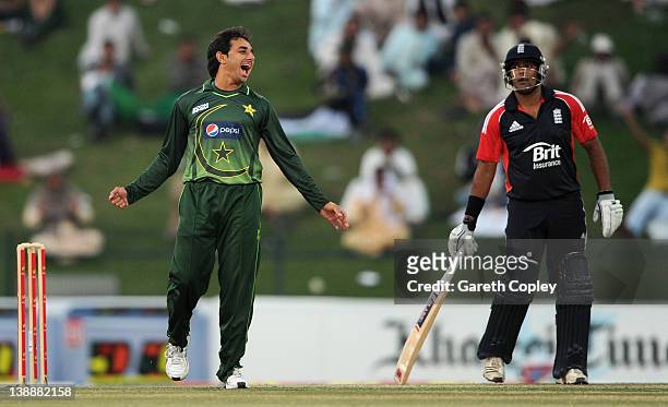 Saeed Ajmal of Pakistan celebrates taking his 5th wicket after dismissing Stuart Broad of England during the 1st One Day International between...