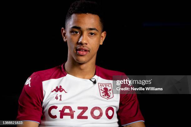 Jacob Ramsey of Aston Villa poses for a pictures at Bodymoor Heath training ground on March 31, 2022 in Birmingham, England.