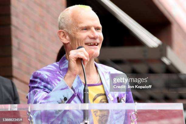 Flea of The Red Hot Chili Peppers speaks onstage during the Hollywood Walk of Fame Star Ceremony for The Red Hot Chili Peppers on March 31, 2022 in...