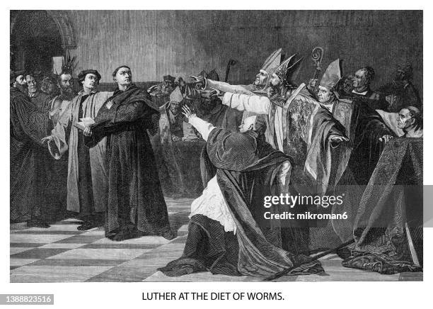 old illustration of luther's speech at the diet of worms (1521) - bishop clergy stock pictures, royalty-free photos & images