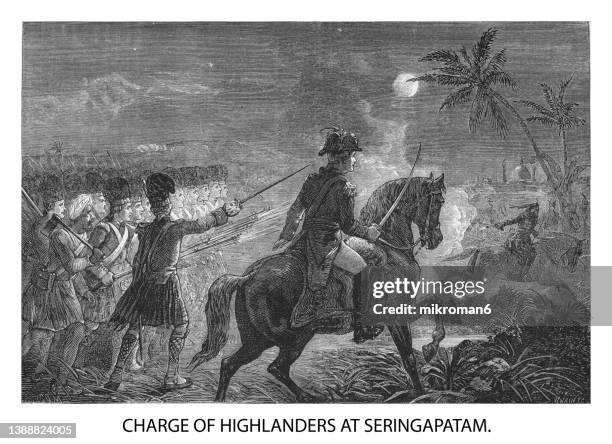 old engraved illustration of charge of highlanders at the siege of seringapatam (5 april – 4 may 1799) - indian soldier stock-fotos und bilder