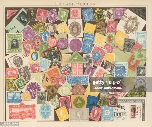 old chromolithograph illustration of old postage stamps - stamp collection stock pictures, royalty-free photos & images