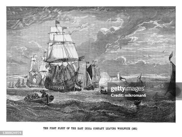 old engraved illustration of the first fleet of the east india company leaving woolwich - navy ships stock pictures, royalty-free photos & images