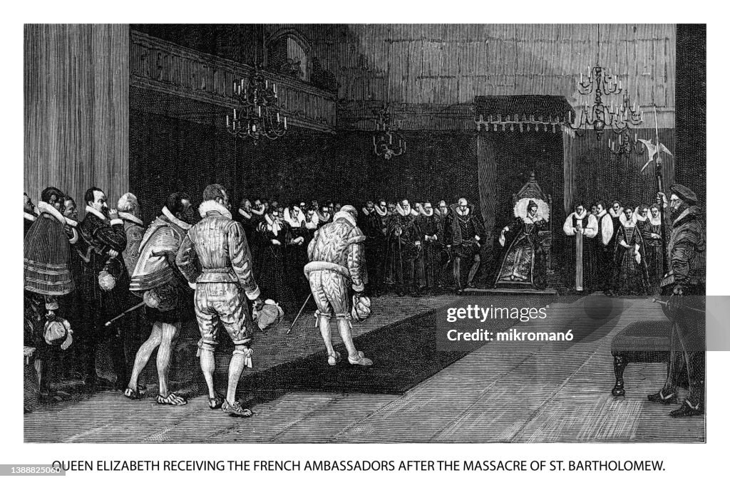 Old engraved illustration of Queen Elizabeth I of England, receiving French ambassadors after the St. Bartholomew's Day massacre