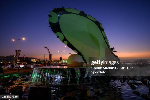 The Pearl Monument at the Corniche is seen at night on March 30, 2022 in Doha, Qatar.