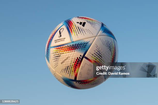 In this photo illustration an official FIFA World Cup Qatar 2022 ball sits on display ahead of the FIFA World Cup Qatar 2022 draw on March 31, 2022...