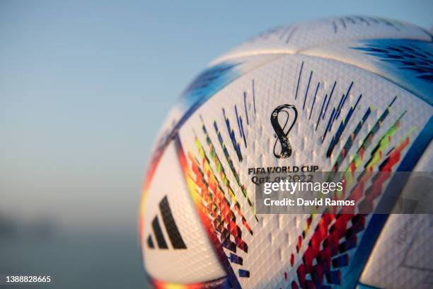 In this photo illustration an official FIFA World Cup Qatar 2022 ball sits on display ahead of the FIFA World Cup Qatar 2022 draw on March 31, 2022...