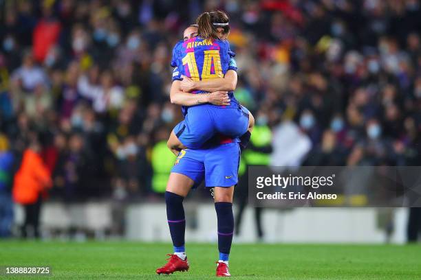 Aitana Bonmati of FC Barcelona hugs Melanie Serrano of FC Barcelona the UEFA Women's Champions League Quarter Final Second Leg match between FC...
