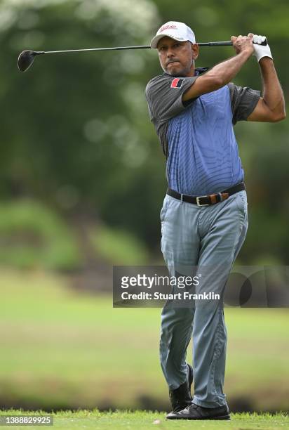 Jeev Milkha Singh of Indiaplays a shot during the pro-am at Constance Belle Mare Plage on March 31, 2022 in Port Louis, Mauritius.