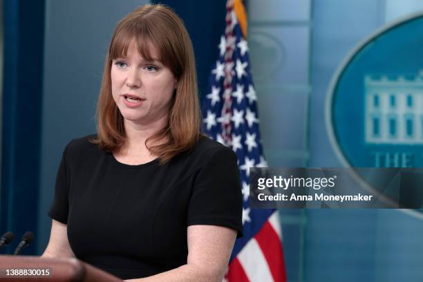 White House Communications Director Kate Bedingfield delivers remarks during a daily press briefing at the White House on March 31, 2022 in...