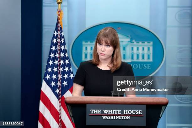 White House Communications Director Kate Bedingfield delivers remarks during a daily press briefing at the White House on March 31, 2022 in...