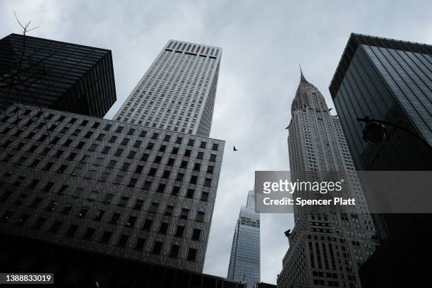 Skyscrapers loom over downtown Manhattan on March 31, 2022 in New York City. New York City Mayor Eric Adams has said that remote work is hurting the...