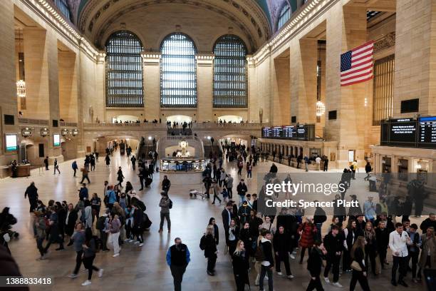 People walk through Grand Central Terminal in Manhattan on March 31, 2022 in New York City. New York City Mayor Eric Adams has said that remote work...