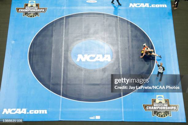 Nick Suriano of the Michigan Wolverines wrestles Pat Glory of the Princeton Tigers in the 125-pound final match during the Division I Men's Wrestling...