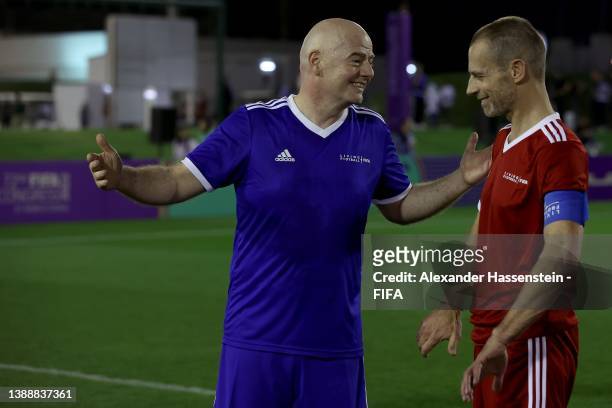 Gianni Infantino, FIFA President talks with Aleksander Ceferin, President of UEFA during the 72nd FIFA Congress Football Delegation Tournament at...