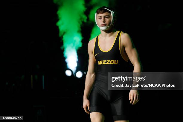 Keegan O`Toole of the Missouri Tigers takes the mat to wrestle Shane Griffith of the Stanford Cardinal in the 165-pound final match during the...