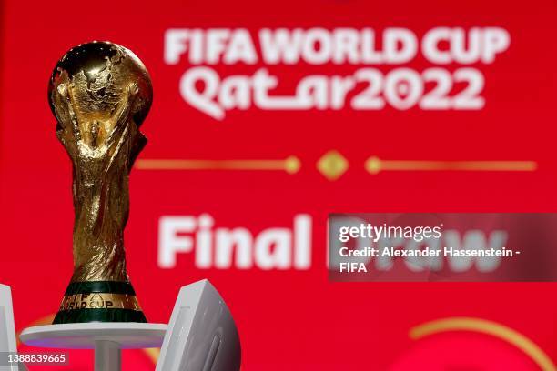 The FIFA World Cup Winners Trophy is pictured prior to the FIFA World Cup Qatar 2022 Final Draw at the Doha Exhibition and Convention Center on March...