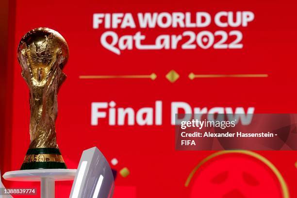 The FIFA World Cup Winners Trophy is pictured prior to the FIFA World Cup Qatar 2022 Final Draw at the Doha Exhibition and Convention Center on March...
