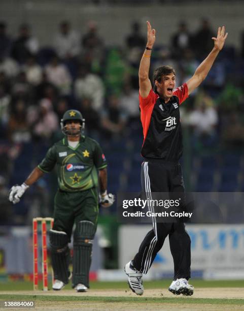 Steven Finn of England successfully appeals for the wicket of Mohammad Hafeez of Pakistan during the 1st One Day International between Pakistan and...