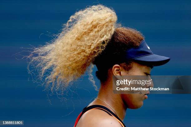 Naomi Osaka of Japan plays Belinda Bencic of Switzerland during the women's semifinals of the Miami Open at Hard Rock Stadium on March 31, 2022 in...