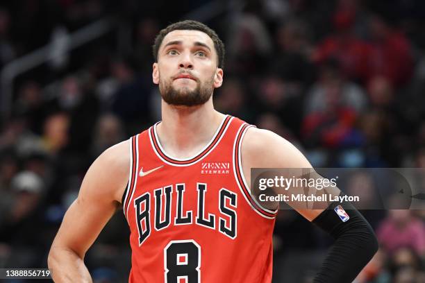 Zach LaVine of the Chicago Bulls looks on during a NBA basketball game against the Washington Wizards at Capital One Arena on March 29, 2022 in...