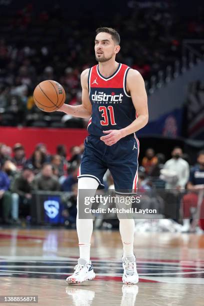 Tomas Satoransky of the Washington Wizards dribbles the ball during a NBA basketball game against the Chicago Bulls at Capital One Arena on March 29,...