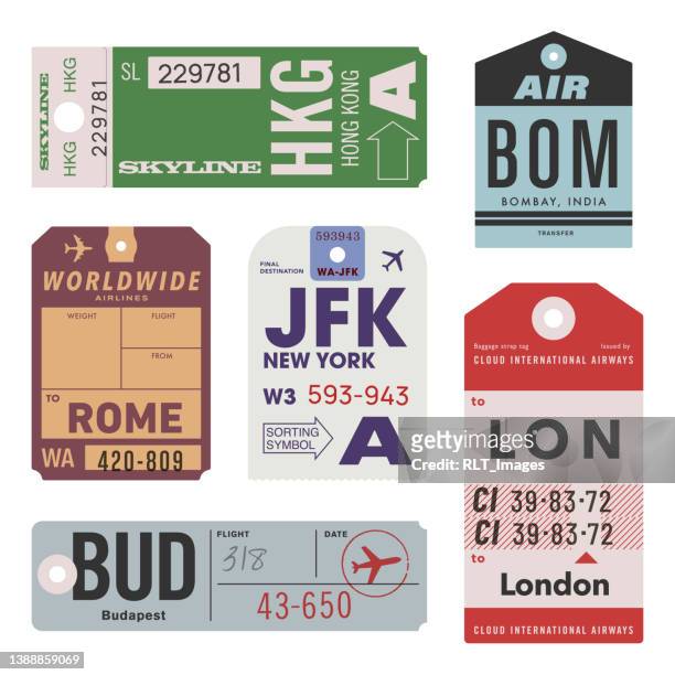 vintage world travel luggage tags - adventure font stock illustrations