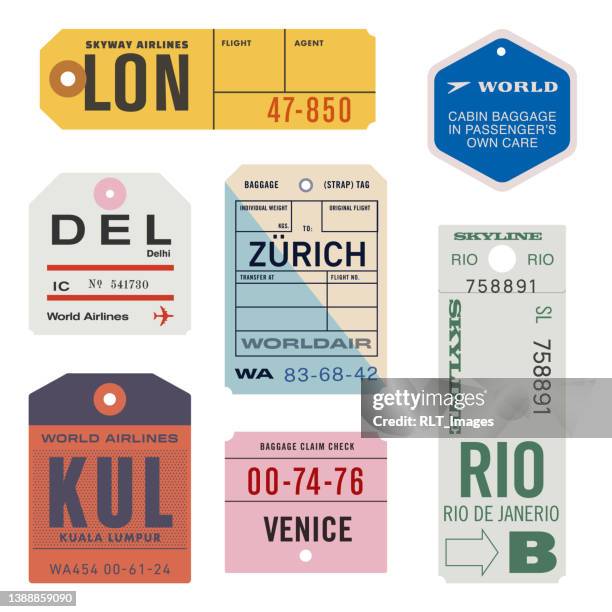 vintage world travel luggage tags - italian clipart stock illustrations