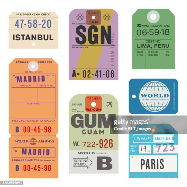 vintage world travel luggage tags - tourism industry stock illustrations