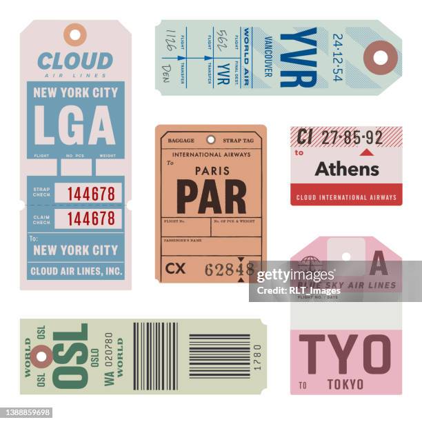 vintage world travel luggage tags - luggage tag stock illustrations
