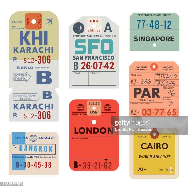 illustrazioni stock, clip art, cartoni animati e icone di tendenza di vintage world travel luggage tags - travel destinations