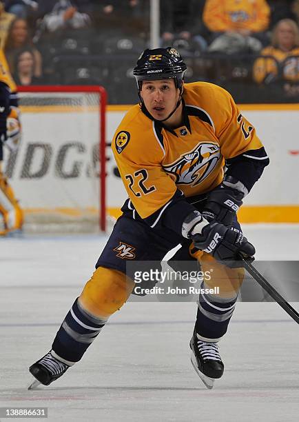 Jordin Tootoo of the Nashville Predators skates against the Vancouver Canucks during an NHL game at the Bridgestone Arena on February 7, 2012 in...