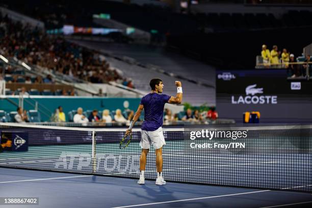 Carlos Alacraz of Spain celebrates during his match against Miomir Kecmanovic of Serbia in the quarter finals of the men's singes at the Miami Open...