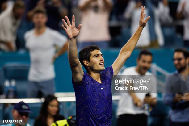 Carlos Alacraz of Spain celebrates his victory over Miomir Kecmanovic of Serbia in the quarter finals of the men's singes at the Miami Open at the...