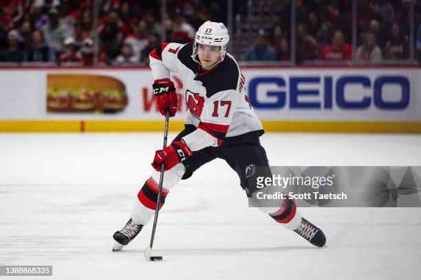 March 26: Yegor Sharangovich of the New Jersey Devils skates with the puck against the Washington Capitals during the first period of the game at...