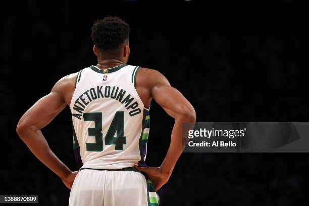 Giannis Antetokounmpo of the Milwaukee Bucks looks on against the Brooklyn Nets during their game at Barclays Center on March 31, 2022 in New York...