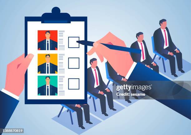 manager holding resume on clipboard and grading various recruiting candidates. - candidate selection stock illustrations