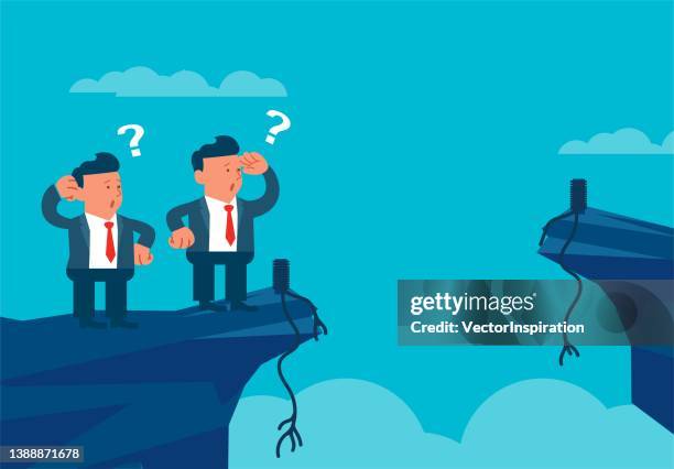 the rope across the cliff is broken, businessman is standing on the edge of the cliff and meditating - cliff stock illustrations
