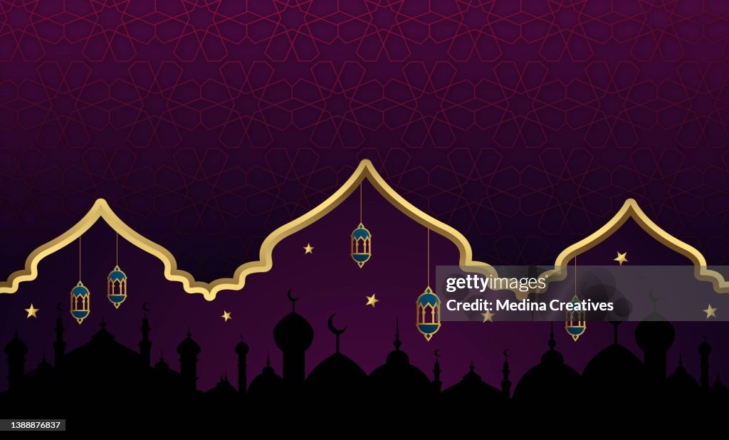 Arabic Ornamental Patterned Background of Islamic Mosque, Design Greeting Card for Ramadan Kareem