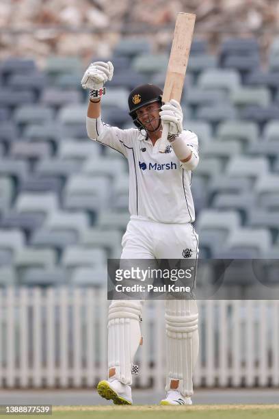Corey Rocchiccioli of Western Australia celebrates his half century during day two of the Sheffield Shield Final match between Western Australia and...
