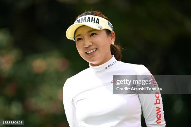 Chie Arimura of Japan smiles on the 4th tee during the second round of Yamaha Ladies Open Katsuragi at Katsuragi Golf Club Yamana Course on April 1,...