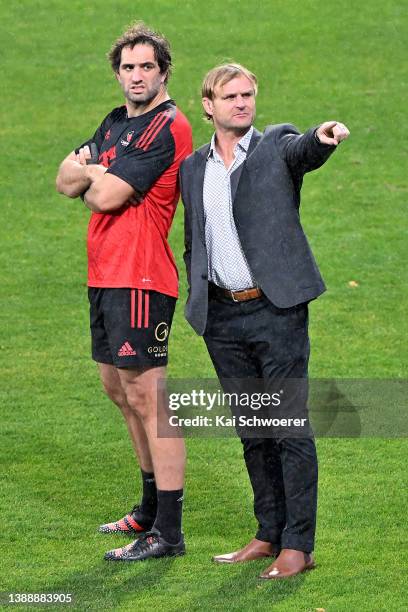 Sam Whitelock and coach Scott Robertson of the Crusaders during the round seven Super Rugby Pacific match between the Crusaders and the Highlanders...