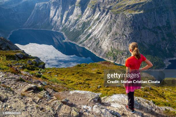 girl admiring ringedalsvatnet lake in norway - girl mound stock-fotos und bilder